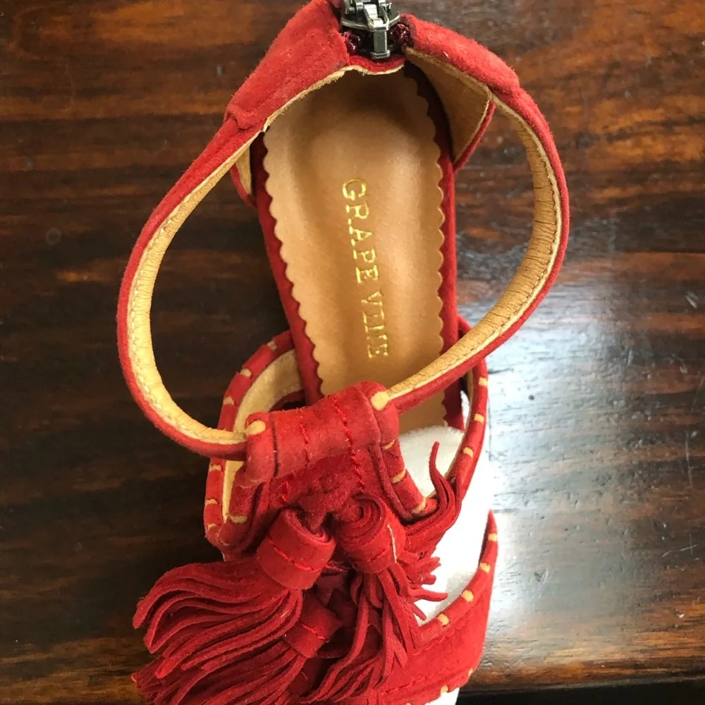 Red Suede Fringe Block Heel Sandals - Women , Grape vine